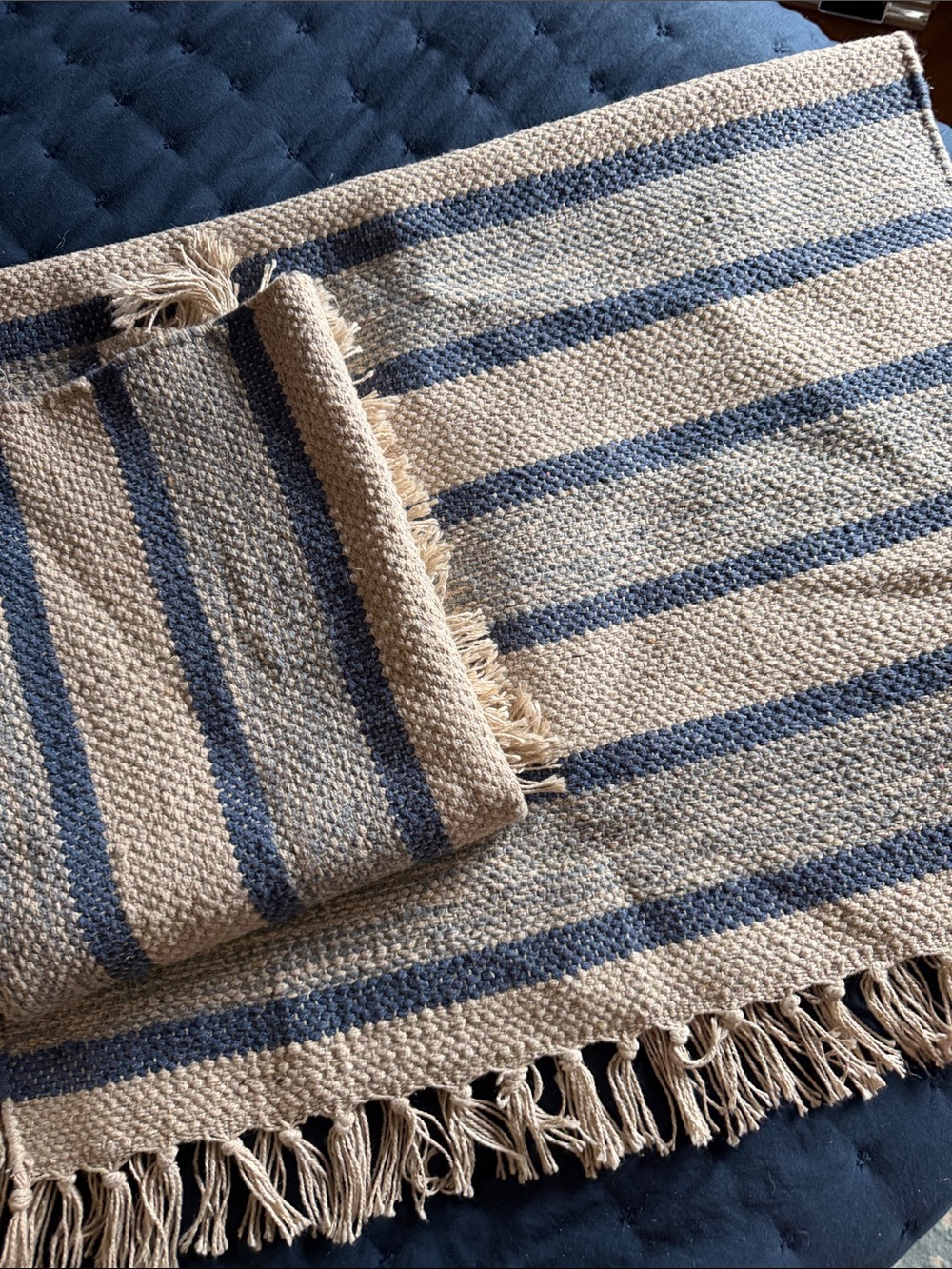 2 Handwoven Stripe Fringe Cotton rugs - Blue and Cream size 2x3